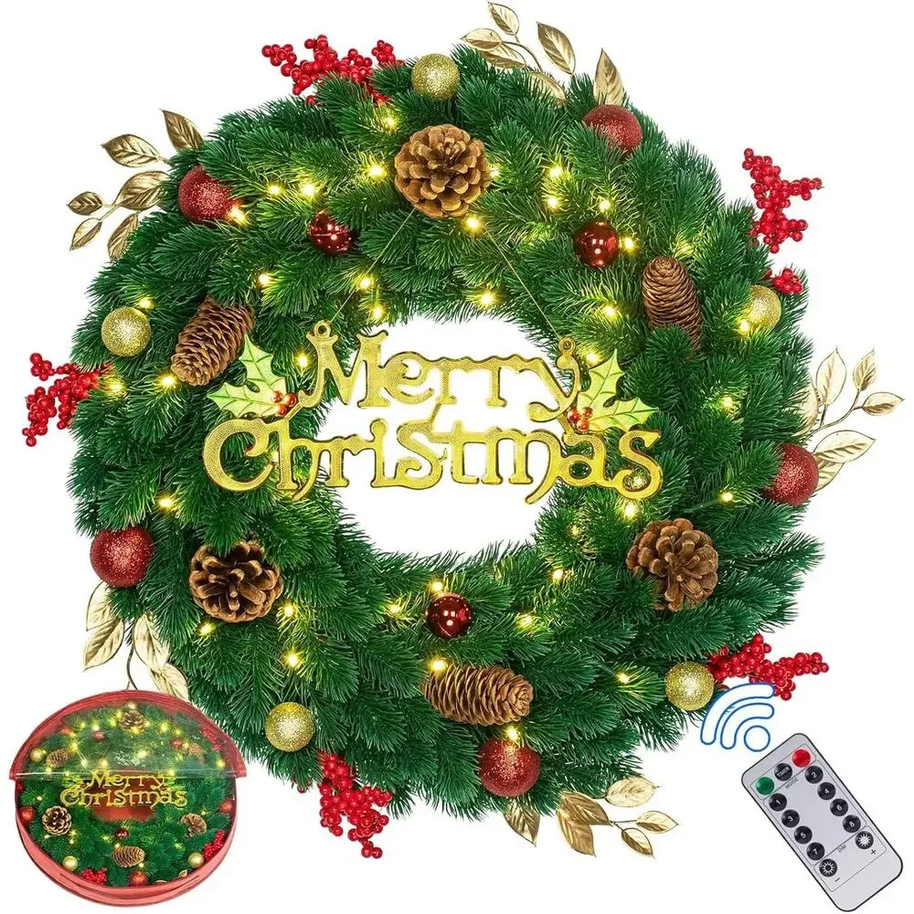 24 Inch Pre-Lit Artificial Christmas Wreath 45 LED‎ Lights Battery Remote Timer